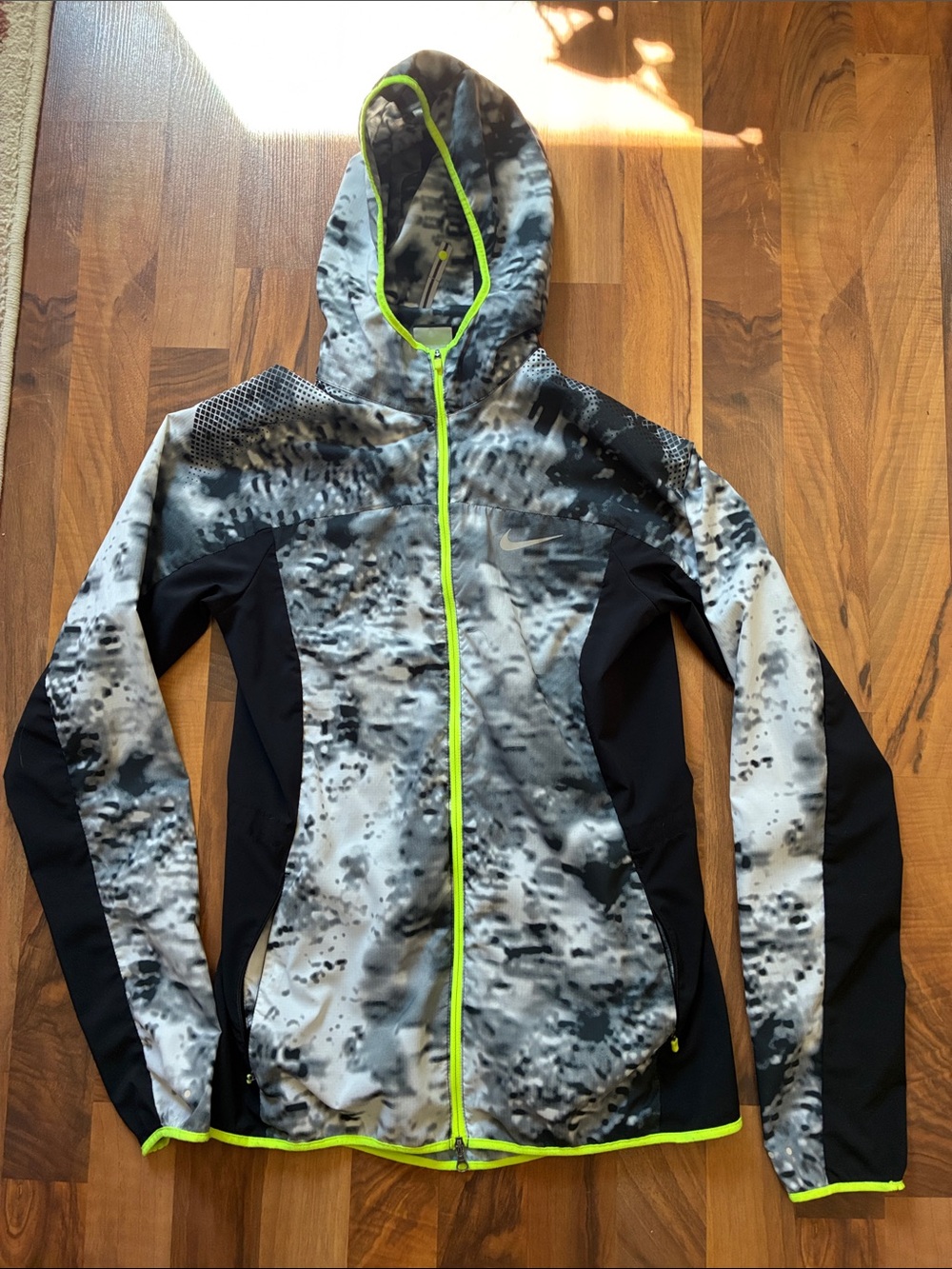 Nike Gray/Black Camo Hooded Zip Jacket with Neon Yellow Trim